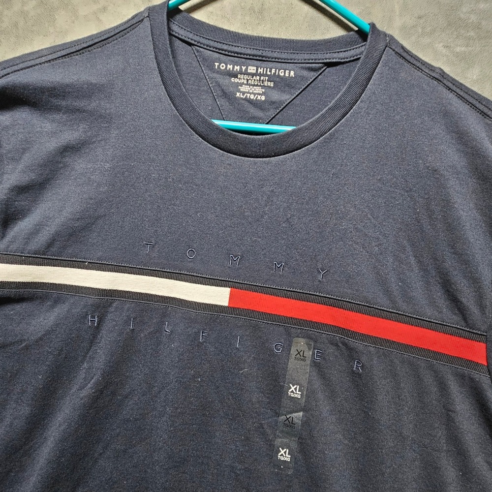 Tommy Hilfiger Mens Regular‎ Fit Navy Blue Striped Logo Graphic T-Shirt XL NWT